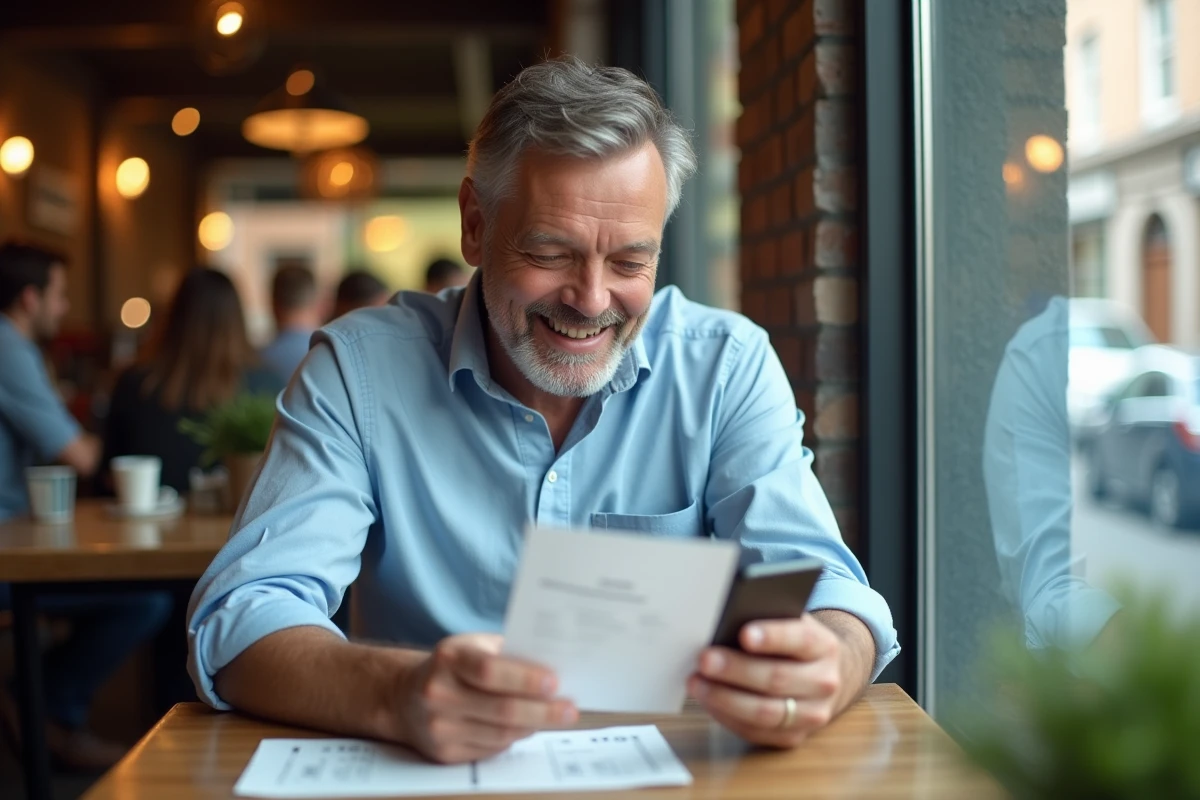 Homme au café vérifiant un reçu et un smartphone pour promo