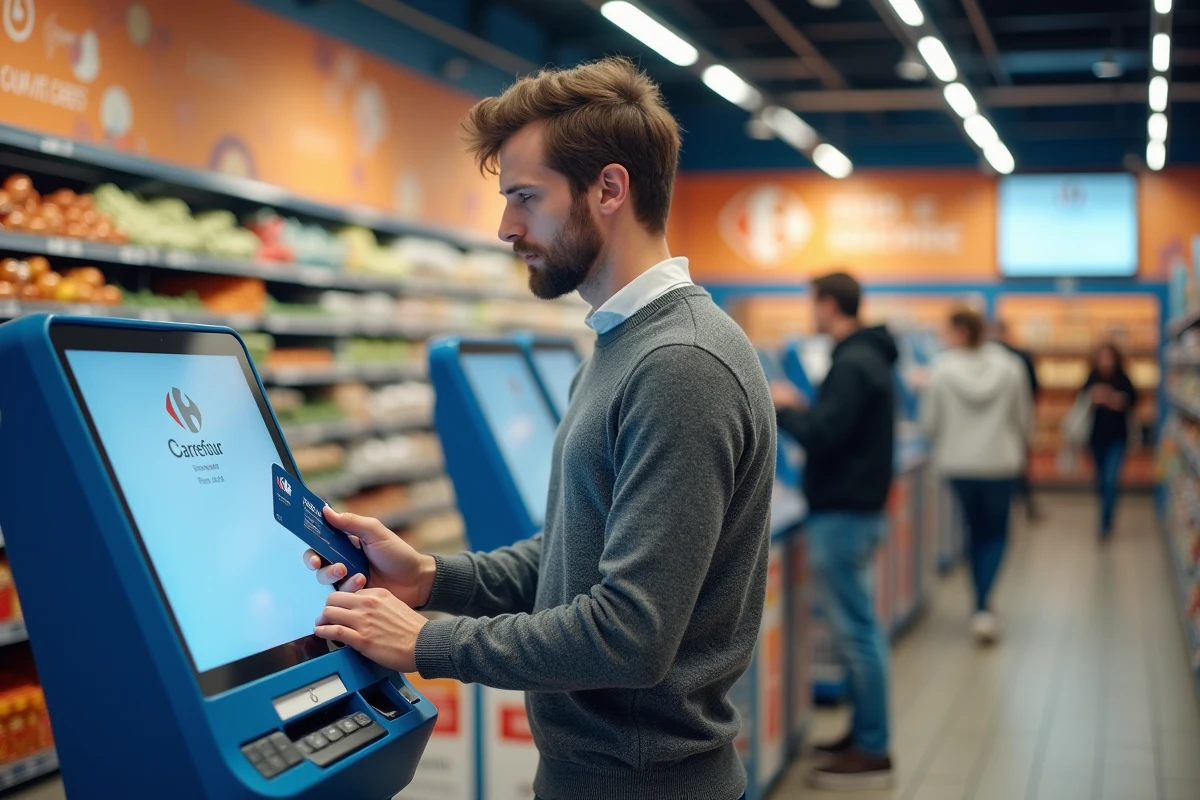 Jeune homme utilisant sa carte fidelite Carrefour en magasin