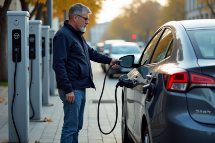 Homme en jeans et veste marine branche une voiture hybride