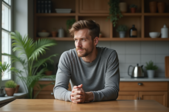 Homme pensif assis à la cuisine moderne en matinée