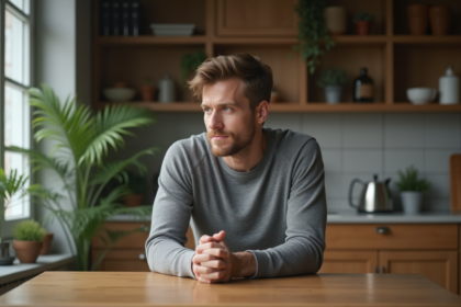Homme pensif assis à la cuisine moderne en matinée