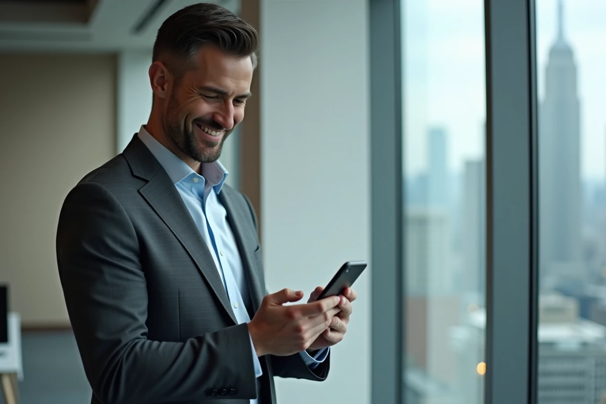Homme en costume lisant un message de remerciement professionnel avec émojis sur son smartphone dans un bureau avec vue urbaine