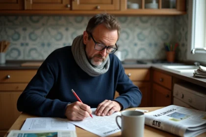 Homme d'âge moyen lisant une grille de mots croisés dans une cuisine belge