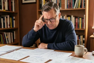 Homme concentré résolvant une devinette logique difficile à son bureau couvert de notes manuscrites