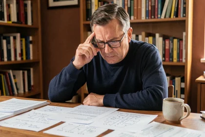 Homme concentré résolvant une devinette logique difficile à son bureau couvert de notes manuscrites