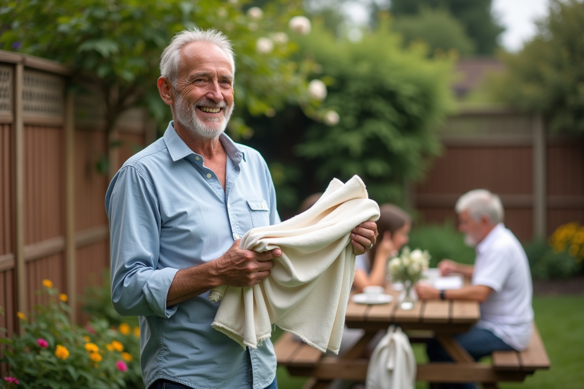 Homme souriant tient echantillons de coton et viscose dans un jardin