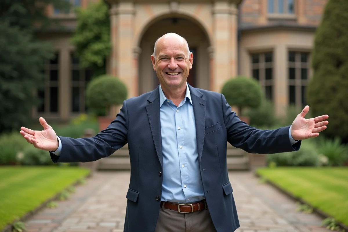 Homme debout devant un manoir avec jardin accueillant