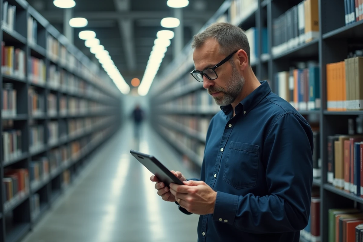 Homme consultant une encyclopédie en ligne sur tablette dans une bibliothèque publique moderne aux rayonnages bien garnis