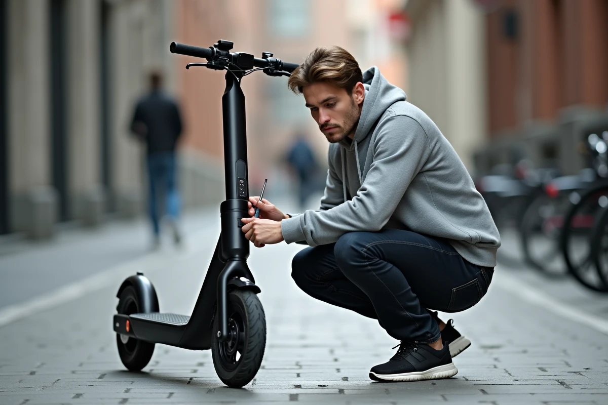 Homme accroupi inspectant le tableau de bord d'une trottinette électrique noire sur un trottoir urbain