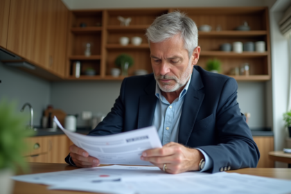 Homme d'âge moyen examinant documents SCPI dans une cuisine moderne