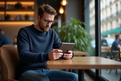 Homme lisant une tablette dans un café parisien