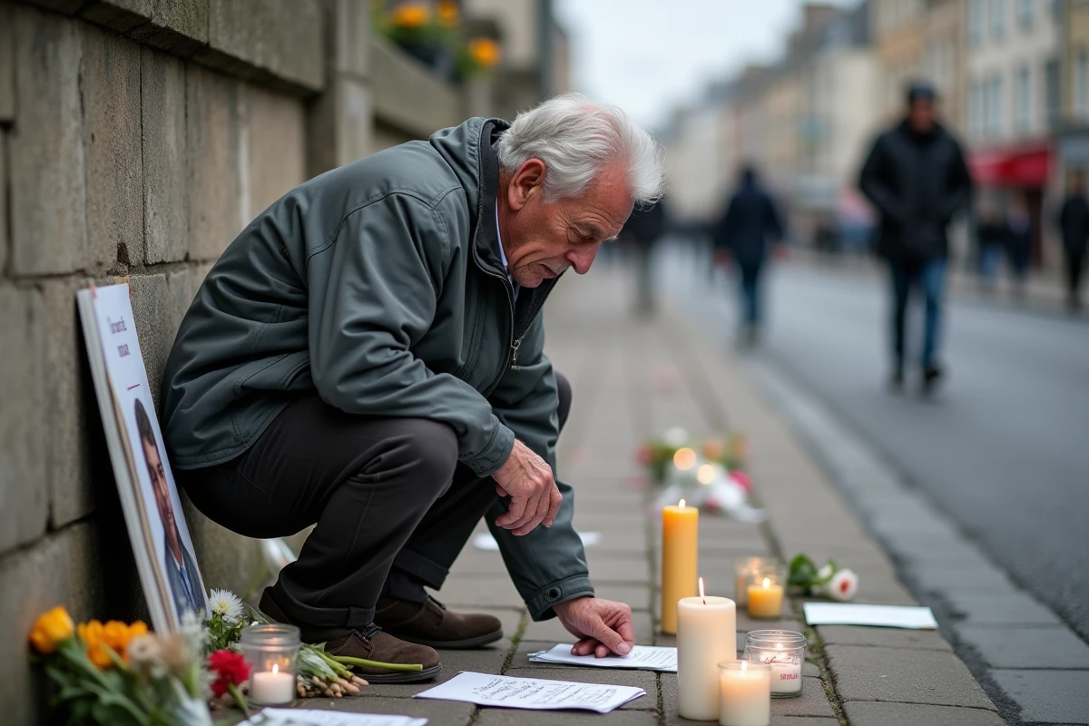 Un homme âgé lit un message manuscrit déposé sur un mémorial improvisé dans une rue de Caen suite à un drame local