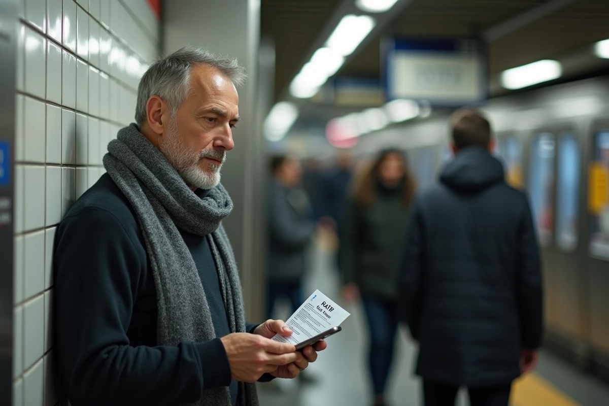 Homme dans le métro regardant un avis de contravention