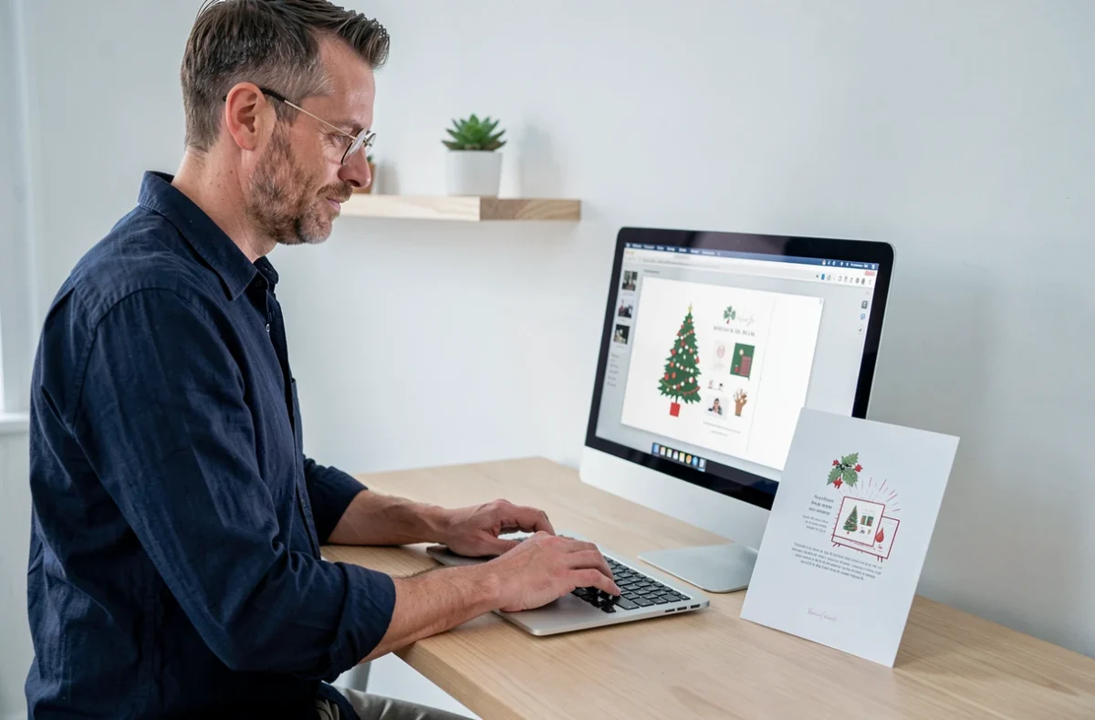 Homme consultant un modèle de carte de Noël minimaliste sur ordinateur portable dans un bureau scandinave moderne