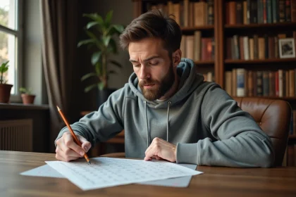 Homme adulte résolvant une grille de mots croisés sur papier à son bureau, évoquant les astuces pour Codycross