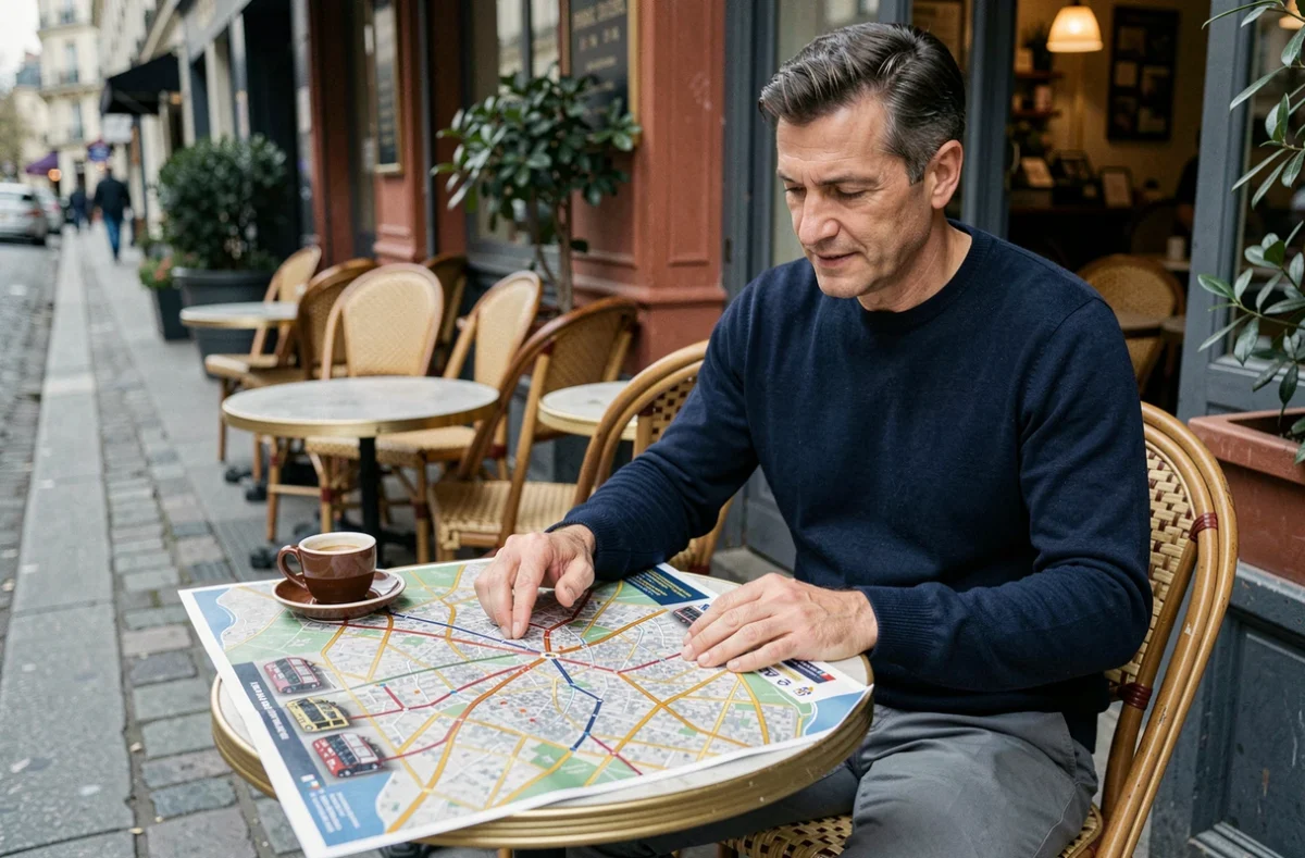Homme étudiant un plan de bus et rues de Paris en terrasse de café