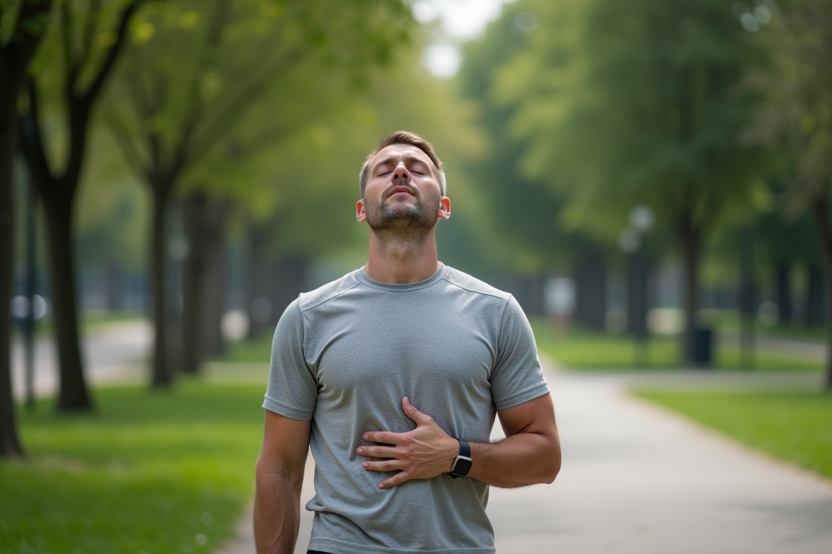 Homme en pleine respiration profonde dans un parc urbain