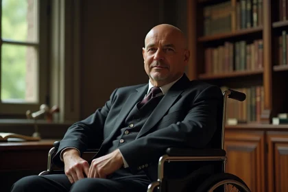 Homme d'âge mûr assis dans une bibliothèque ancienne