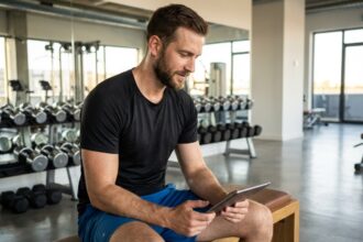 Homme en tenue de sport regardant un plan d'entraînement