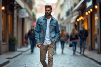 Homme élégant marchant dans une rue urbaine européenne