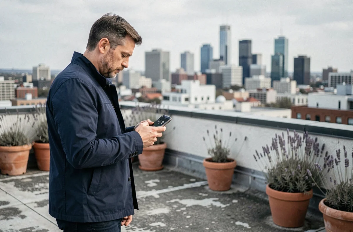 Homme sur un toit urbain regardant son téléphone affichant 12h12, moment de pause spirituelle en ville