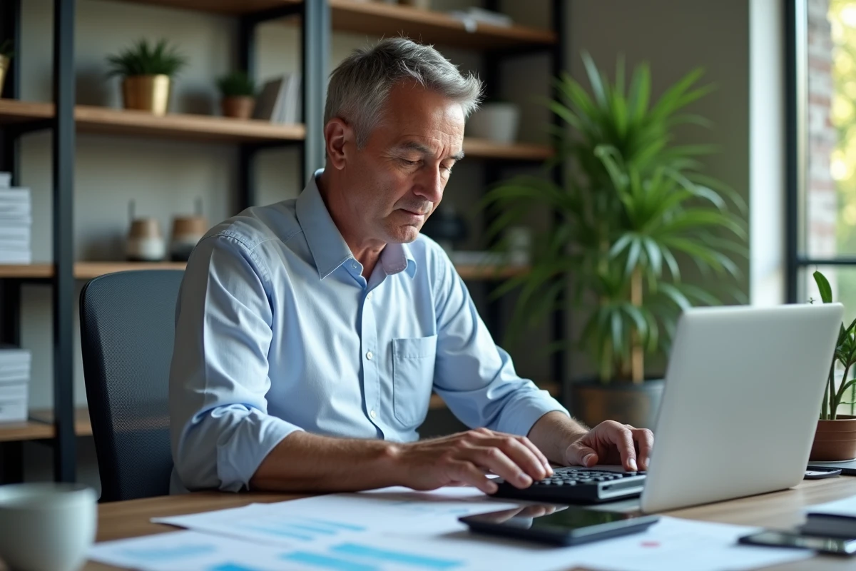 Homme d affaires travaillant avec calculatrice et ordinateur