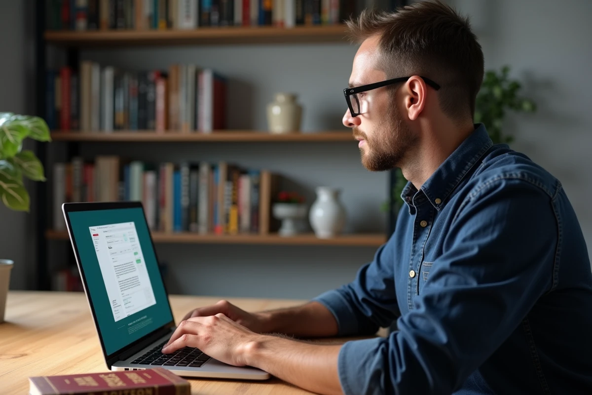 Homme vérifiant un mot au Scrabble en ligne sur ordinateur portable avec un dictionnaire ouvert sur son bureau