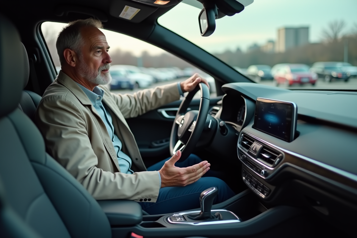 Homme montrant le levier de vitesse dans la voiture