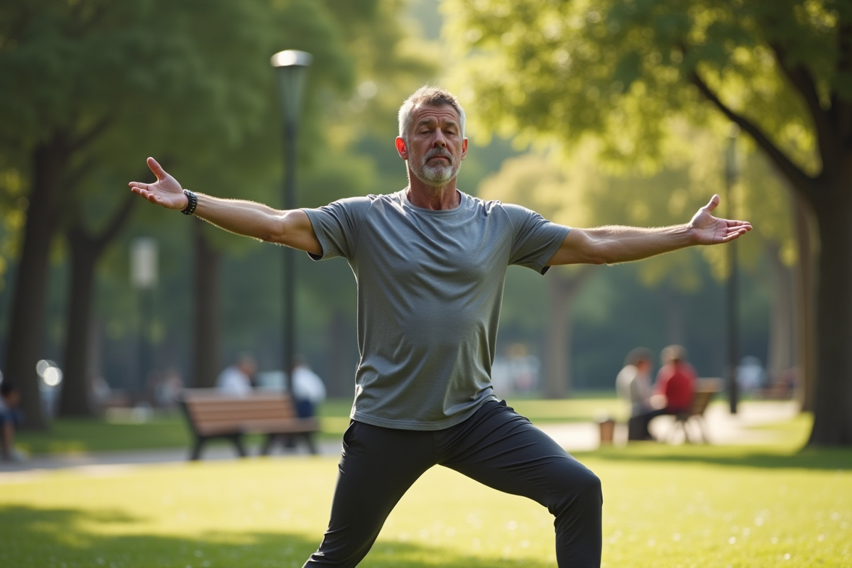 Homme pratiquant yoga en plein air dans un parc