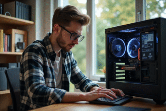 Jeune homme installe un disque dur dans un ordinateur
