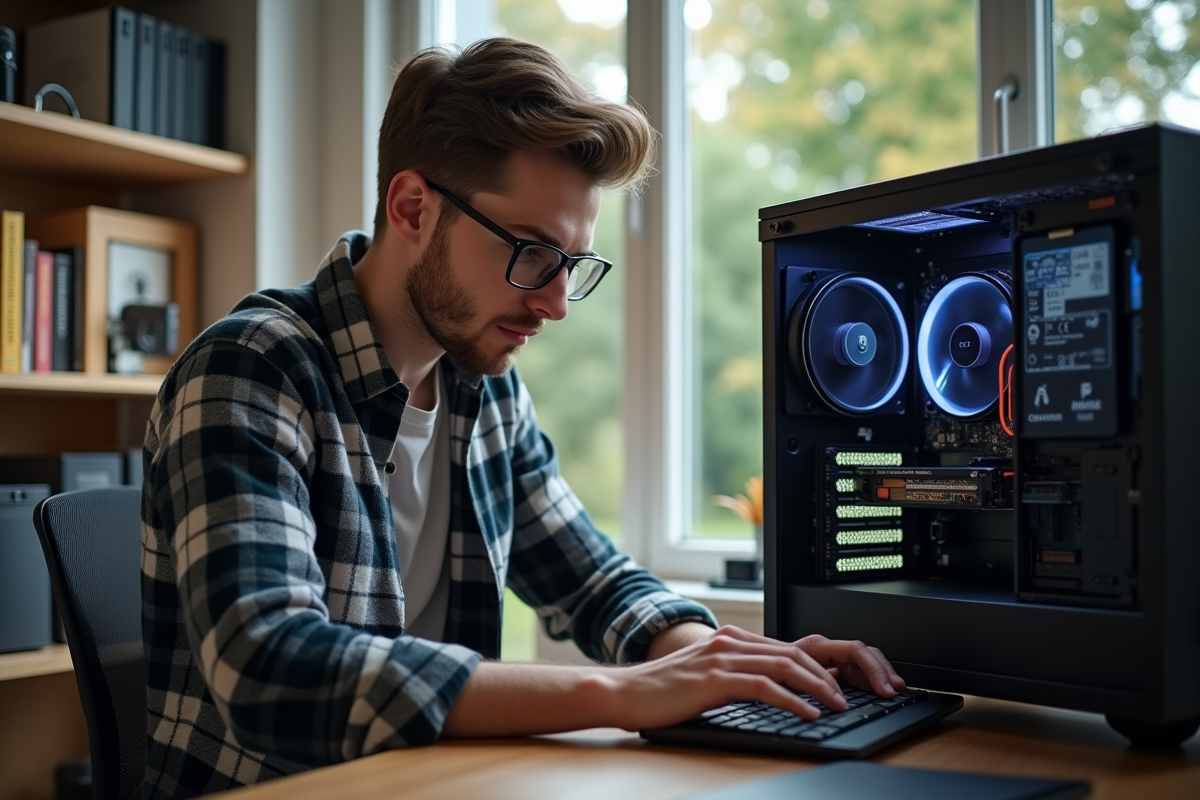 Jeune homme installe un disque dur dans un ordinateur