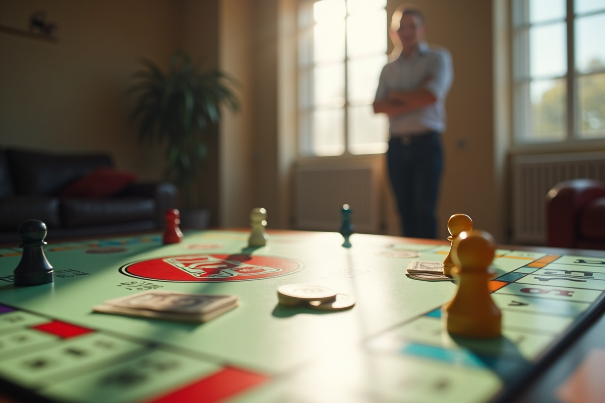 Plateau de Monopoly avec pièces et billets en jeu
