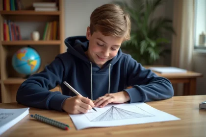 Adolescent en hoodie dessinant une pyramide sur papier