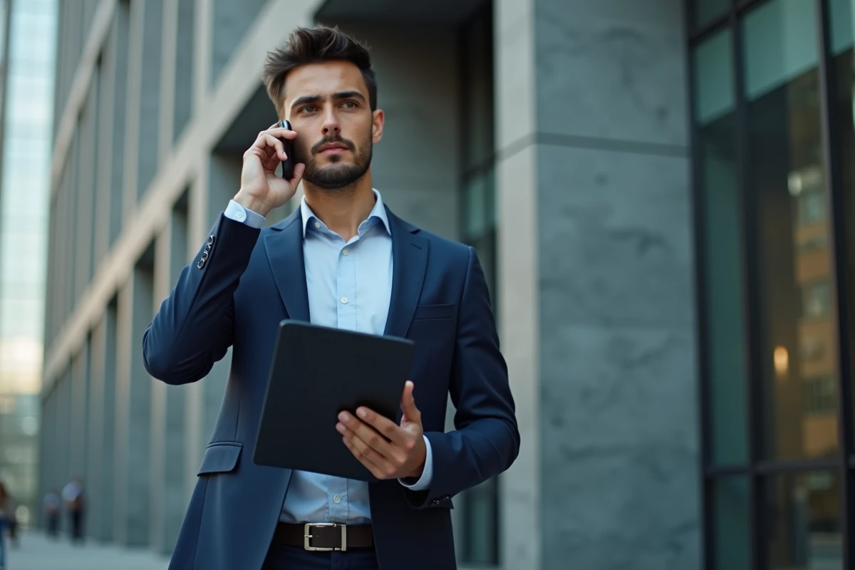 Jeune entrepreneur en costume dans une architecture urbaine moderne