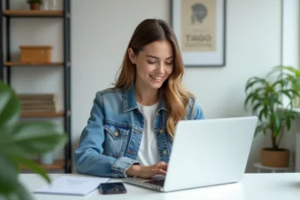Jeune femme au bureau avec ordinateur portable et ambiance cosy