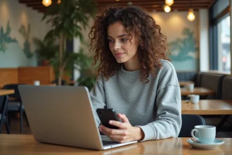 Jeune femme au café travaillant sur son ordinateur portable