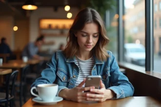 Jeune femme au café regardant son smartphone