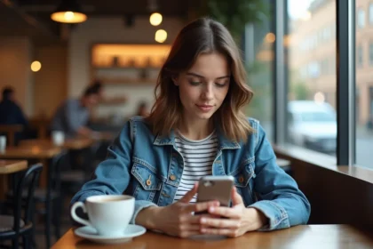 Jeune femme au café regardant son smartphone