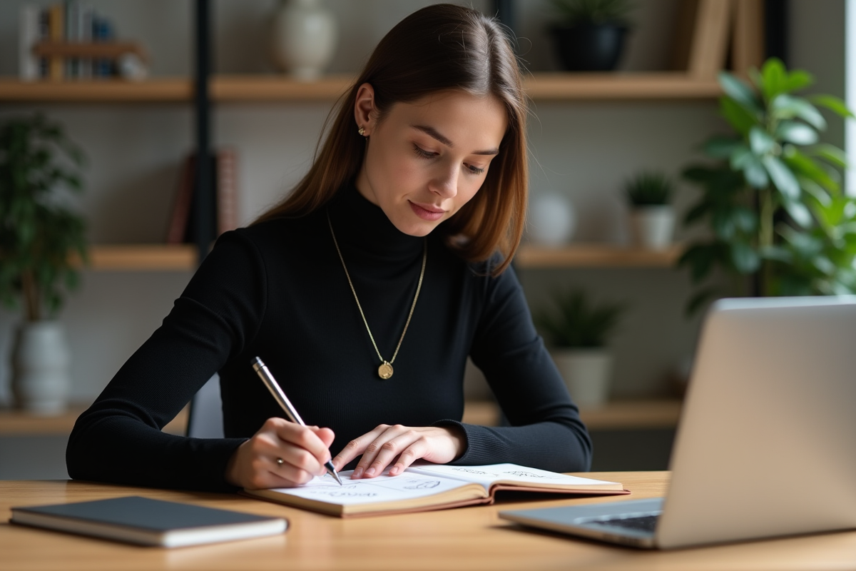 Jeune femme professionnelle esquissant un logo minimaliste dans un bureau moderne