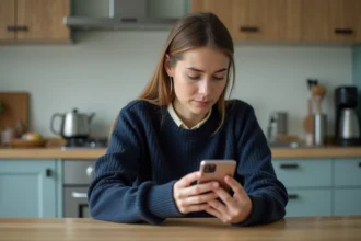 Jeune femme en cuisine studieuse avec smartphone