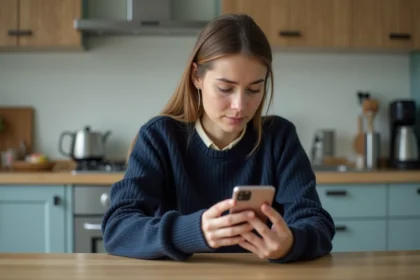 Jeune femme en cuisine studieuse avec smartphone
