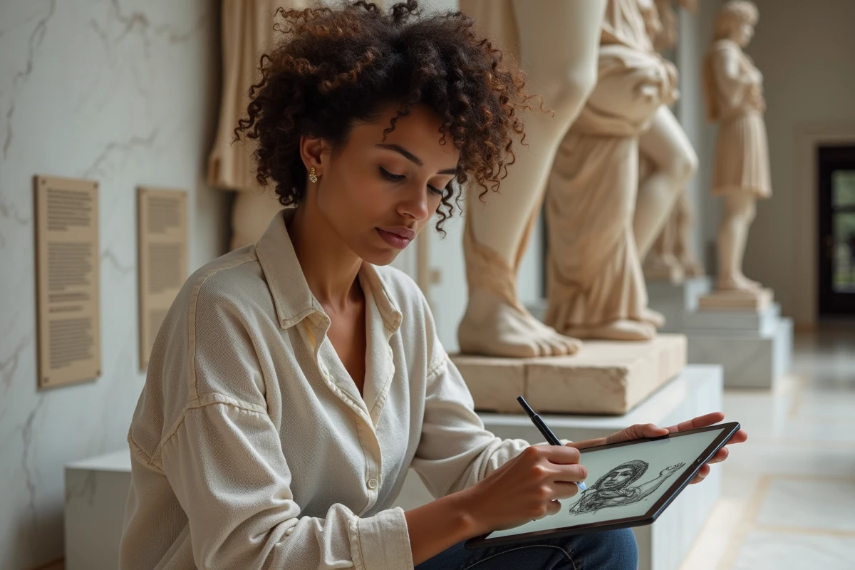 Jeune femme contemporaine dessinant une statue de Vulcain dans un musée