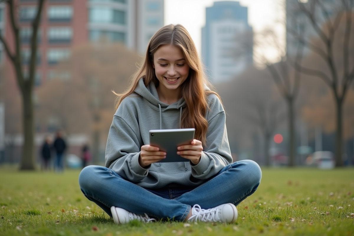 Jeune fille avec tablette dans un parc urbain