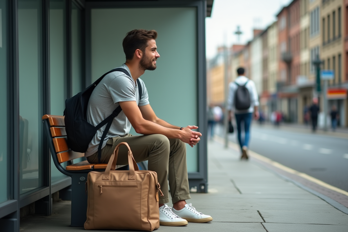 Jeune homme assis à un arrêt de bus en ville avec sac de voyage