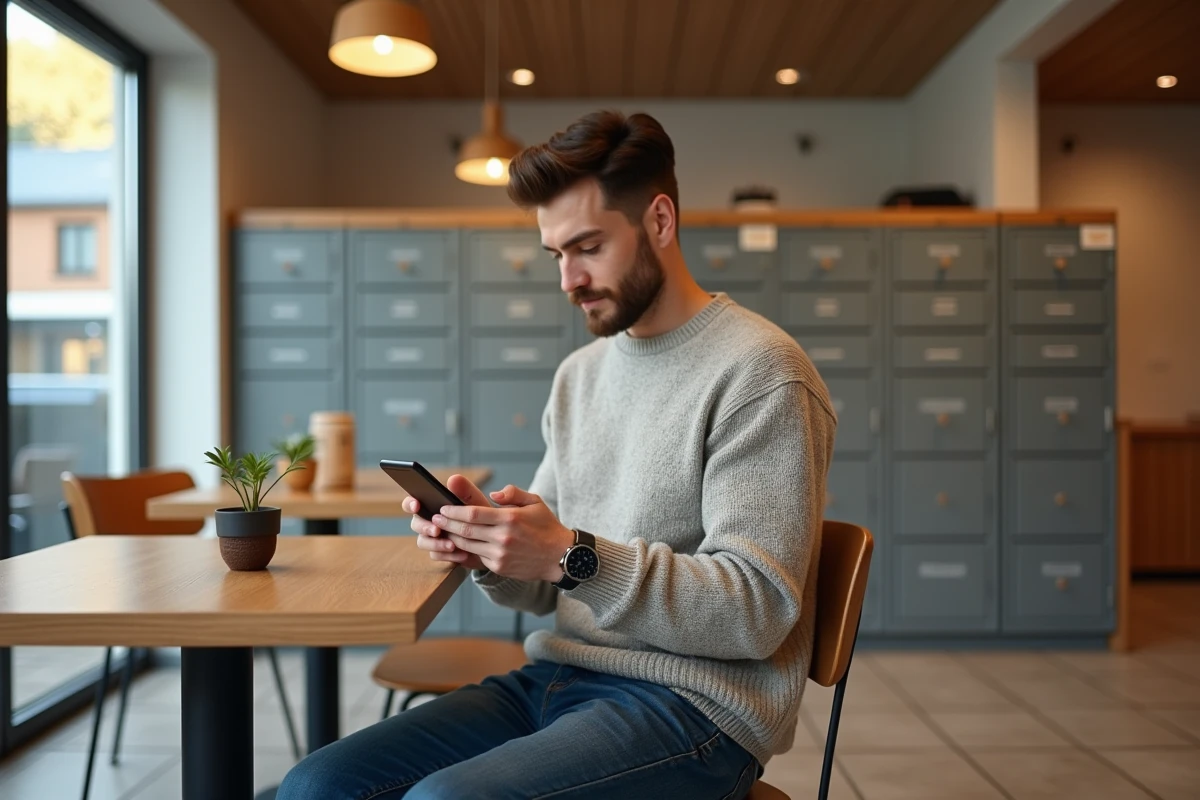 Jeune homme vérifiant son smartphone au café