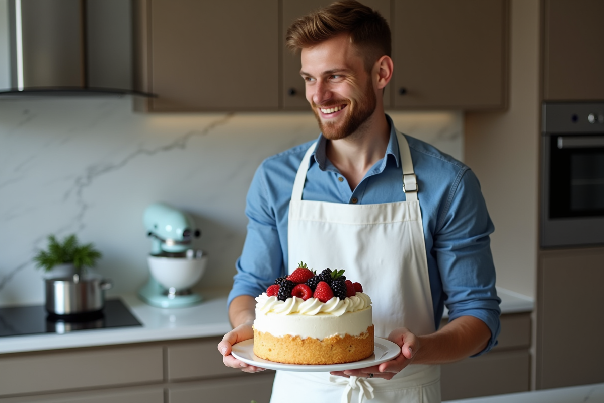 Jeune homme présentant gâteau aux fruits et mascarpone