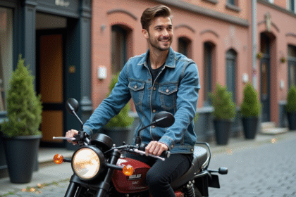 Jeune homme en denim sur moto 125 Dax en ville