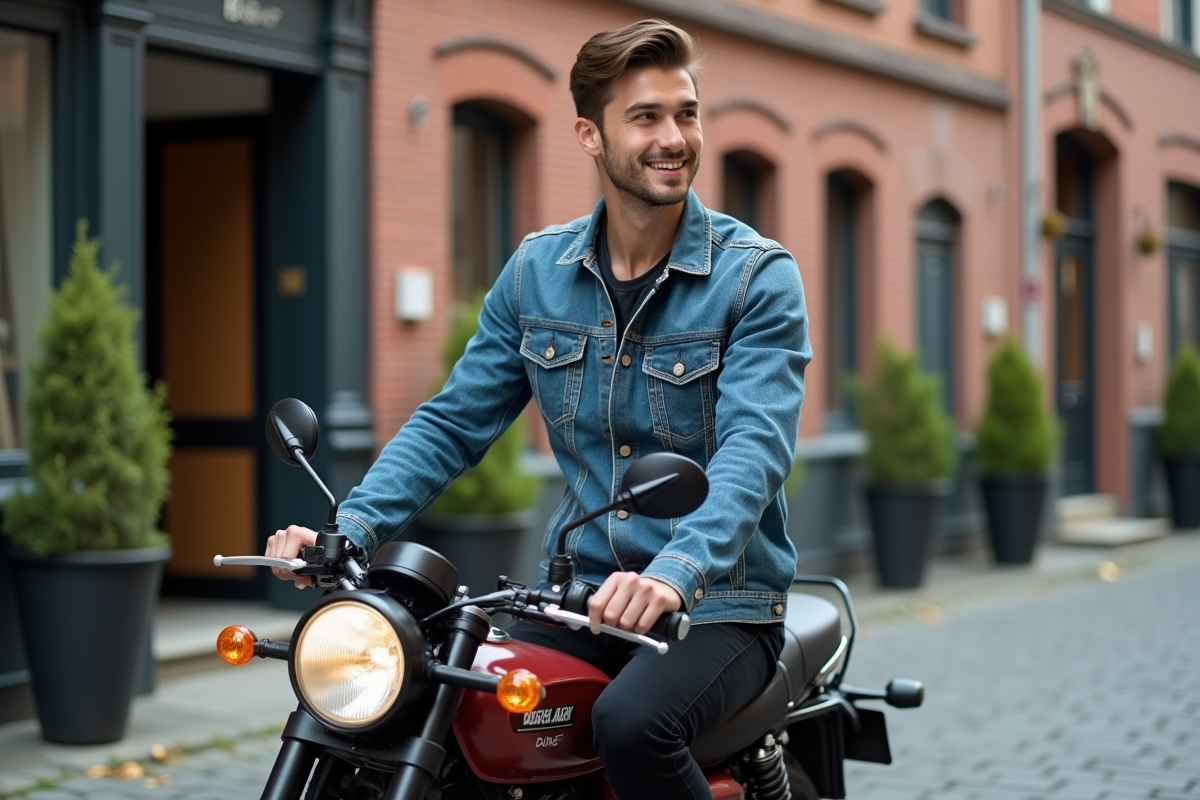 Jeune homme en denim sur moto 125 Dax en ville