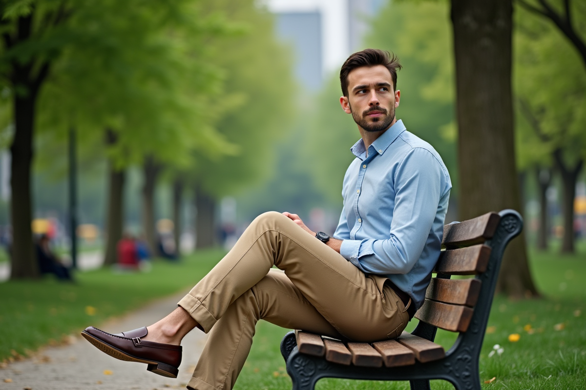 Jeune homme assis sur un banc dans un parc urbain