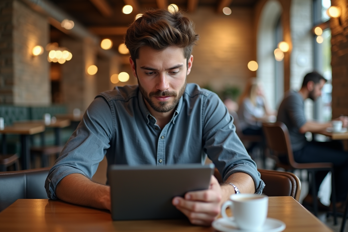 Jeune homme teste une tablette Windows dans un café animé